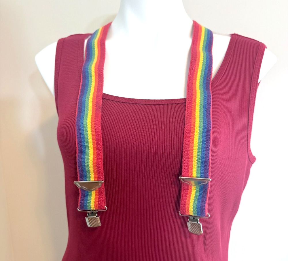Vtg Rainbow Suspenders 70’s-80’s Wide 2” Straps Silver Toned Clips Adjustable